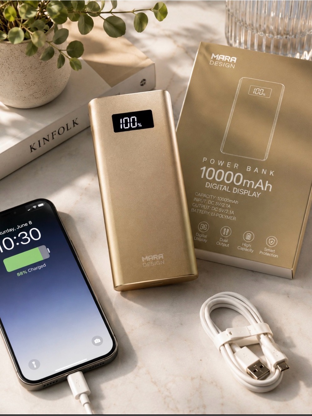MARA Design 10000mAh Gold Power Bank Digital Display Portable Charger